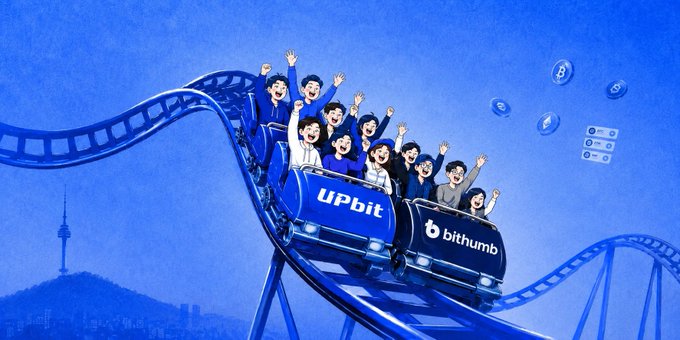 An animated illustration showing excited people riding a roller coaster car branded with 'upbit' and 'bithumb' cryptocurrency exchange logos, flying through the air with Bitcoin and B tokens scattered around against a blue cityscape background.