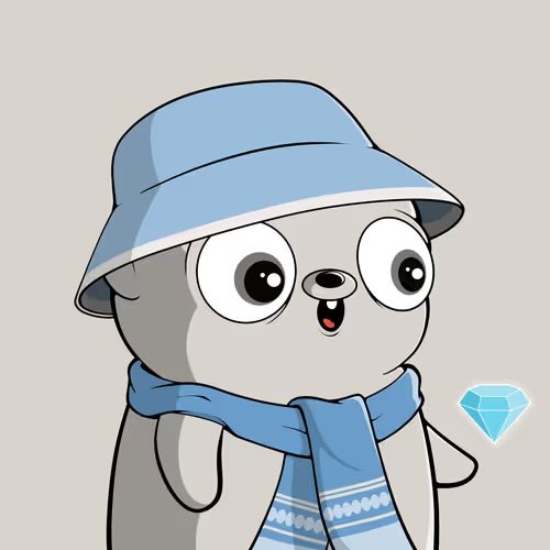 The image features a cartoon character wearing a blue hat, scarf, and a blue shirt with white stripes. The character has big eyes and a wide smile, giving off a happy vibe. In the background, there's a diamond-shaped object that appears to be a piece of jewelry or decoration. The post reads: "Evening! On this Friday we celebrate Fugz! Love this IP."