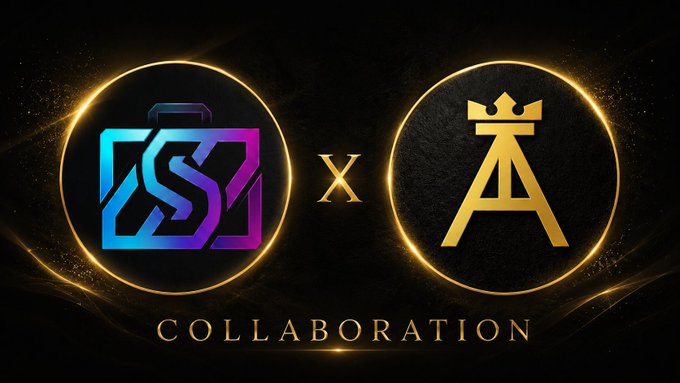 A promotional graphic showing two logos with a crown and letter 'A' design, separated by an 'x', with the word "COLLABORATION" displayed below on a black background with gold accents.