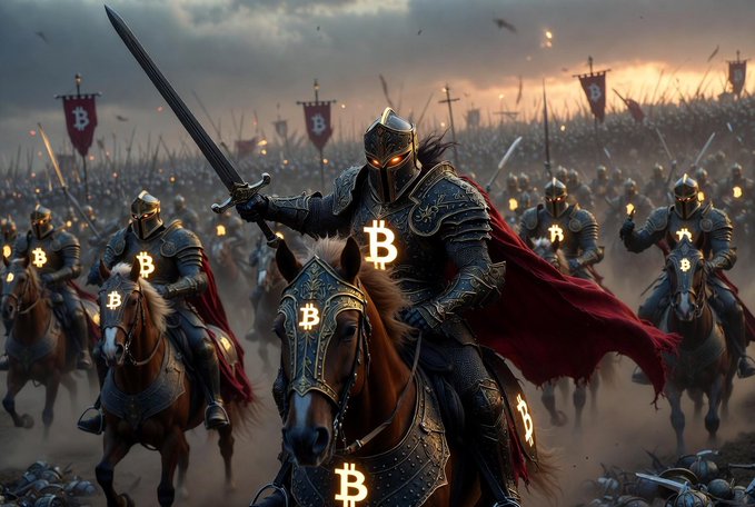 A dark knight in glowing Bitcoin-branded armor leads a cavalry charge with sword raised, as countless armored warriors bearing the "₿" symbol rally behind him. The image reinforces the post's message of resilience through a bear market, with the $BTC ticker prominently displayed as the battle standard of the "Bitcoin knights."