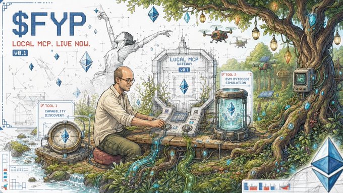 An illustrated promotional graphic titled '$FYP' showing a person working on a device in a forest setting, with text reading 'LOCAL MCP. LIVE NOW. v0.1' and labels for 'CAPABILITY DISCOVERY', 'GATEWAY', and 'EVM BYTECODE SIMULATION'.