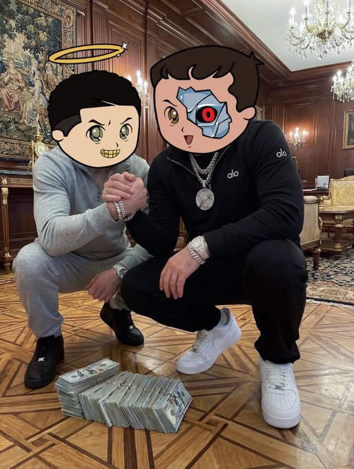 Two people crouch in a luxurious room with wood paneling and a chandelier; their faces are covered by cartoon stickers, and stacks of money sit on the floor in front of them.