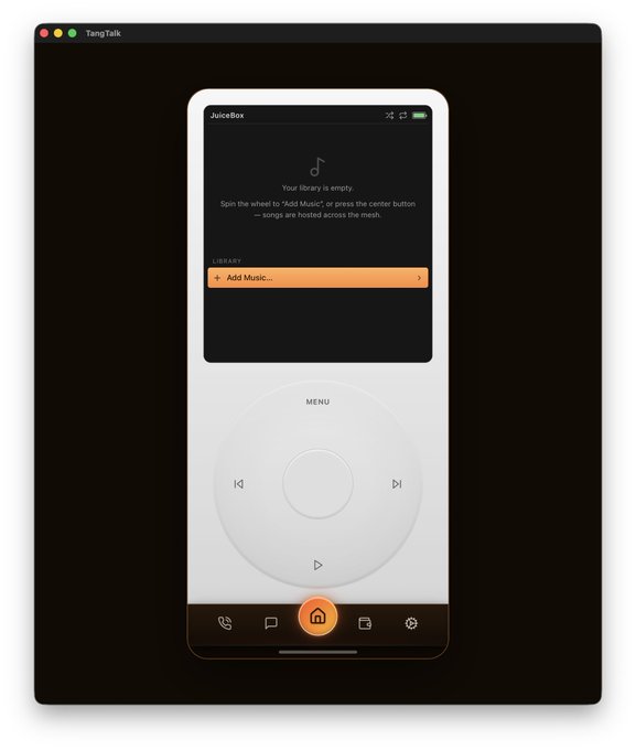 A smartphone displaying the 'Tang Talk' app with a 'JuiceBox' music interface showing an empty library.