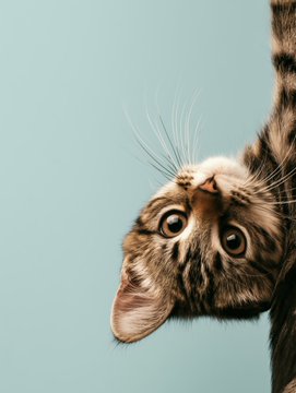 A playful tabby kitten hangs upside down against a soft blue background, gazing curiously at the camera with wide eyes—this is one of the 13 AI-generated cats from the creator's recent collection, which sold out even before minting due to its charming appeal.