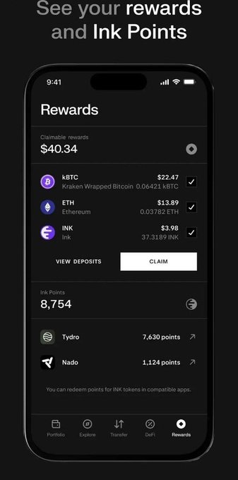 The image shows a "Rewards" screen from the Kraken Wallet app displaying $40.34 in claimable rewards, including 37.3189 INK tokens, alongside a balance of 8,754 Ink Points from Tydro (7,630) and Nado (1,124). This preview supports the tease of an imminent $INK launch, highlighting that users can already redeem points for INK tokens in compatible apps.