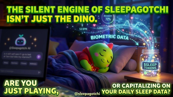 An illustration of a green character sleeping in bed with biometric data flowing into a jar of 'SLEEP TOKENS,' captioned 'THE SILENT ENGINE OF SLEEPAGOTCHI ISN'T JUST THE DINO. ARE YOU JUST PLAYING, OR CAPITALIZING ON YOUR DAILY SLEEP DATA?'