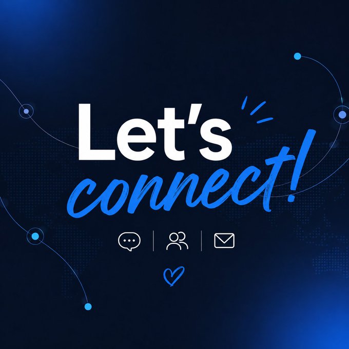 A blue digital-themed graphic displaying the text "Let's connect!" with speech bubble, people, mail, and heart icons below.