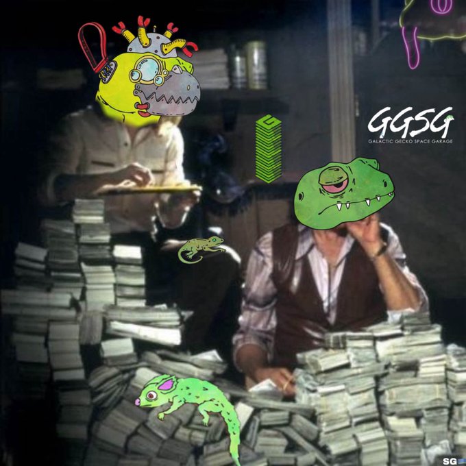 A humorous composite image showing two men in vintage attire surrounded by piles of money, with cartoon drawings of green crocodile/dinosaur faces and the text "GGSG GALACTIC GECKO SPACE GARAGE" overlaid.