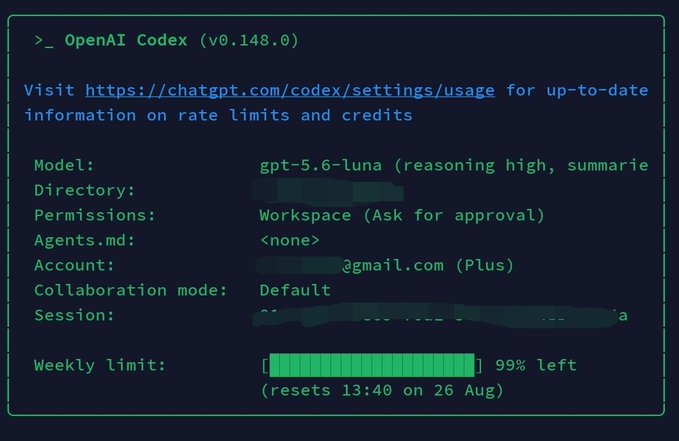 A terminal display showing OpenAI Codex (v0.148.0) status, including the model 'gpt-5.6-luna (reasoning high, summarize)', permissions, and a weekly limit showing 99% left with a reset on 26 Aug at 13:40.