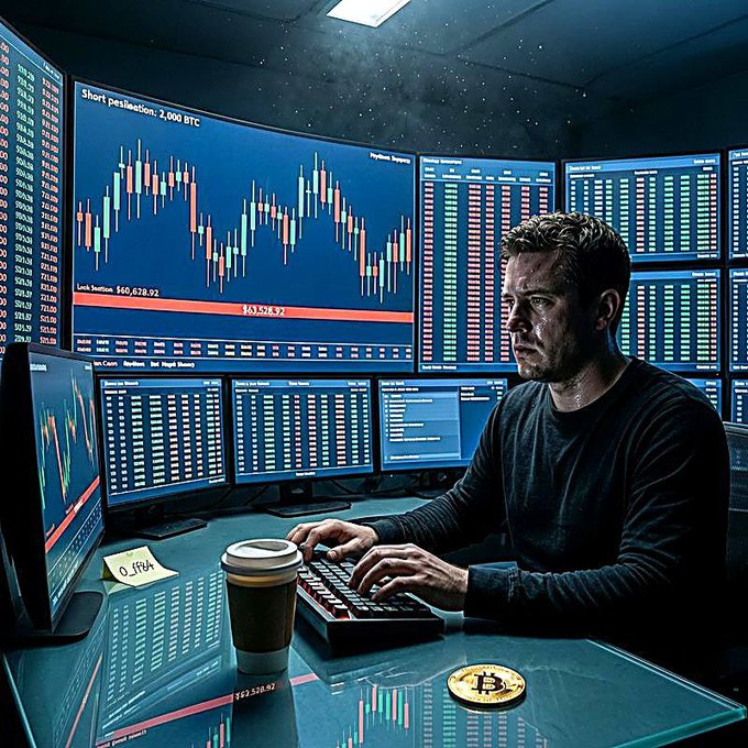 A man intensely focused at a multi-monitor trading setup displaying cryptocurrency charts, candlestick graphs, and market data, with a Bitcoin coin on the desk and a coffee cup beside him.