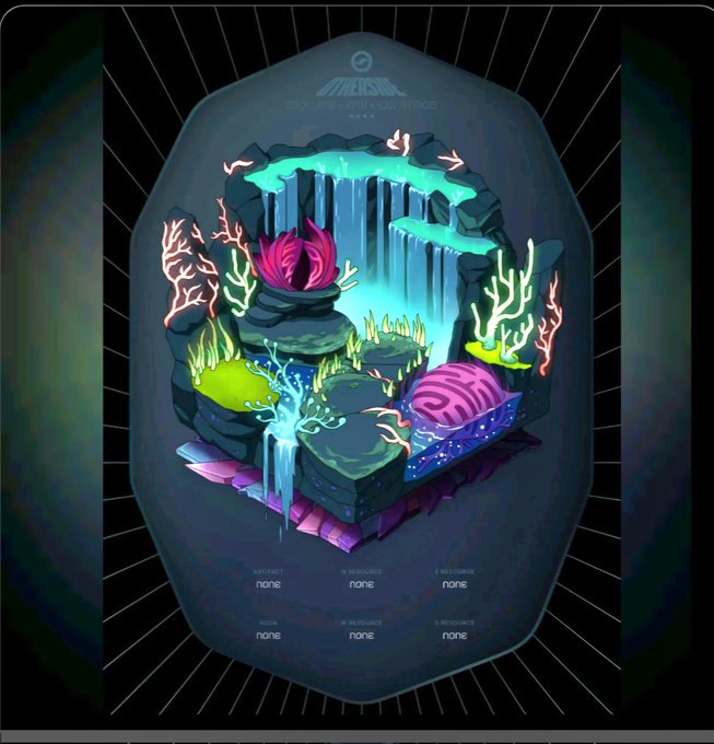 Digital artwork of a floating diorama featuring a glowing waterfall, colorful coral, and an anemone within a dark, framed border.