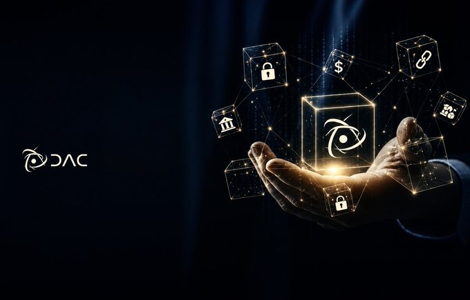 A promotional banner for 'OAC' featuring a hand holding a glowing central cube surrounded by holographic icons representing security, finance, and data.