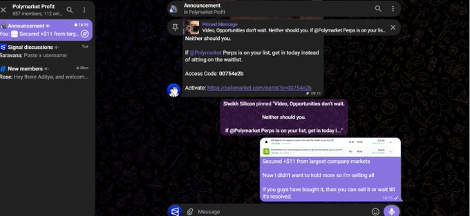 A screenshot of a Telegram messaging interface showing spam messages from 'Polymarket Profit' promoting a trading group with text like 'Video. Opportunities don't wait. Neither should you.' and 'Now I didn't want to hold more so I'm selling all'.