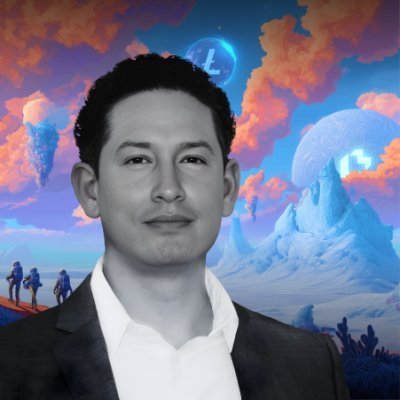 Black-and-white portrait of Elon Musk superimposed against a colorful surreal background featuring an astronaut, floating islands, and a jellyfish-like creature.