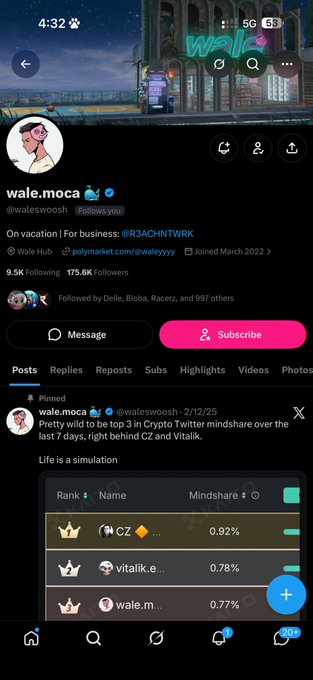 The image shows a X (Twitter) profile of wale.moca (@waleswoosh), a crypto influencer with 175.6K followers, featuring a pinned post displaying a mindshare ranking chart where wale ranks #3 (0.77%) behind CZ (0.92%) and Vitalik (0.78%). The screenshot illustrates the "type of people that should go on a vacation" side of the post's comparison, highlighting crypto influencers like Waleswoosh who keep tweeting about the market even while on vacation.