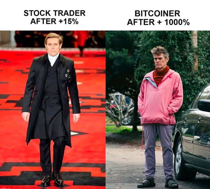 A side-by-side meme contrasts a polished, well-dressed stock trader after a modest +15% gain with a disheveled man in a pink hoodie labeled as a "BITCOINER AFTER +1000%," humorously suggesting that crypto holders, despite massive gains, still look far more disheveled than their comparatively modest stock market counterparts—capturing the "we're not the same" energy of the post.