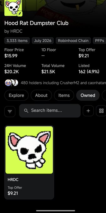 A mobile screenshot of an NFT collection page titled 'Hood Rat Dumpster Club' (HRDC) showing stats including 3,333 items, a floor price of $15.99, 24H volume of $20.2K, and a top offer of $9.21, featuring a pixel art skull-like character on a green background.