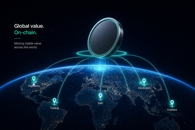 A digital advertisement features a coin hovering over Earth with the text 'Global value. On-chain. Moving stable value across the world.' and location markers for Payments, Trading, DeFi, Developers, and Creators.