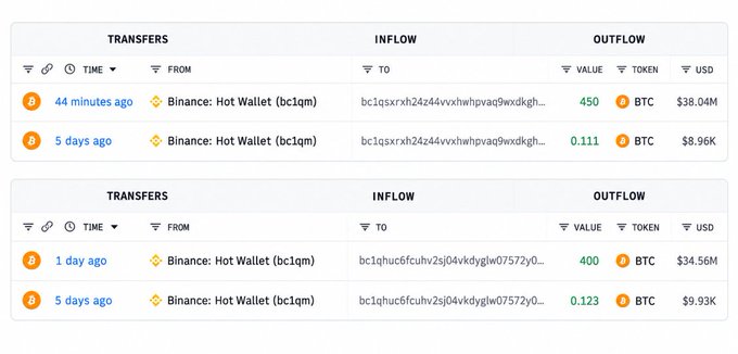 A screenshot showing cryptocurrency transaction data, including transfers involving 'Binance: Hot Wallet' addresses, with columns for TIME, FROM, TO, VALUE, TOKEN, and USD, showing BTC transactions.
