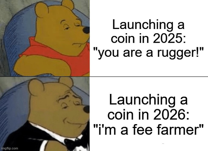 A two-panel meme using the 'Tuxedo Winnie the Pooh' format. The top panel says, "Launching a coin in 2025: 'you are a rugger!'". The bottom panel says, "Launching a coin in 2026: 'i'm a fee farmer'".