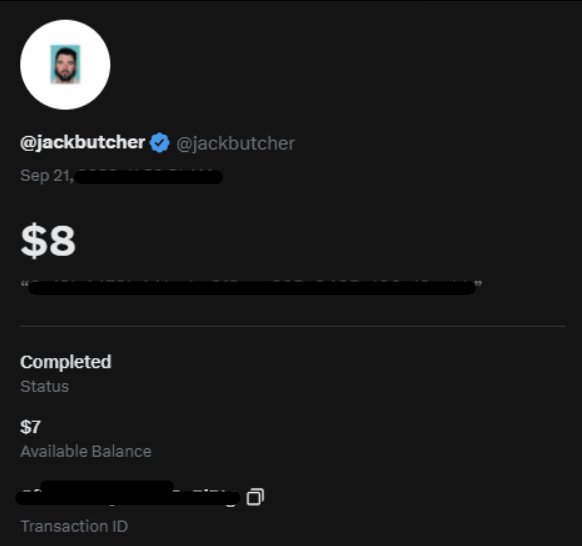 A screenshot of a payment or transaction confirmation from the verified account @jackbutcher showing a completed transaction of $8, with an available balance of $7.