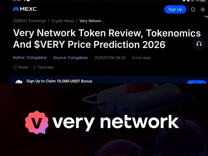 A screenshot from MEXC's blog features an article titled "Very Network Token Review, Tokenomics And $VERY Price Prediction 2026" by Coingabbar, dated 2026/07/06, showcasing the Very Network logo (a stylized "v" in a pink-red gradient) against a dark background—aligning with the post's preview of an exclusive review comparing Very Network to Pi Network and highlighting its Layer-1 Very Mainnet launch.