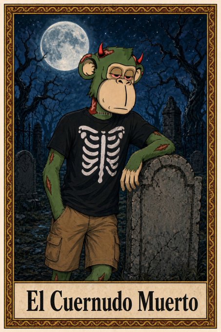 A tarot card style illustration titled 'El Cuernudo Muerto' depicting a tired-looking monkey with red horns wearing a skeleton t-shirt and leaning on a tombstone under a full moon.