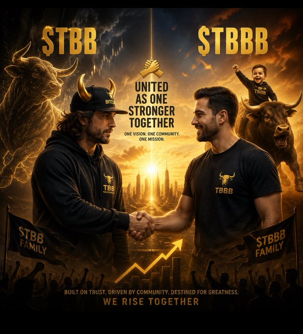 A dramatic promotional image features two men in branded "TBB" apparel shaking hands against a sunset cityscape, flanked by charging bulls and the bold slogans "STBB," "STBBB," and "UNITED AS ONE STRONGER TOGETHER—ONE VISION. ONE COMMUNITY. ONE MISSION." The composition visually reinforces the $TBB & $TBBB ticker message by depicting unity, strength, and a shared rise, echoing the tagline "WE RISE TOGETHER."