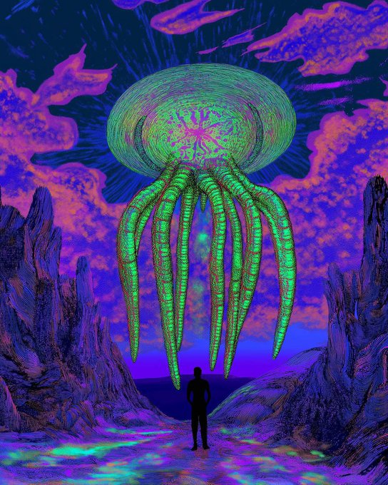 A psychedelic digital artwork featuring a person silhouetted before a giant green tentacled UFO/creature descending over a purple and pink alien landscape.