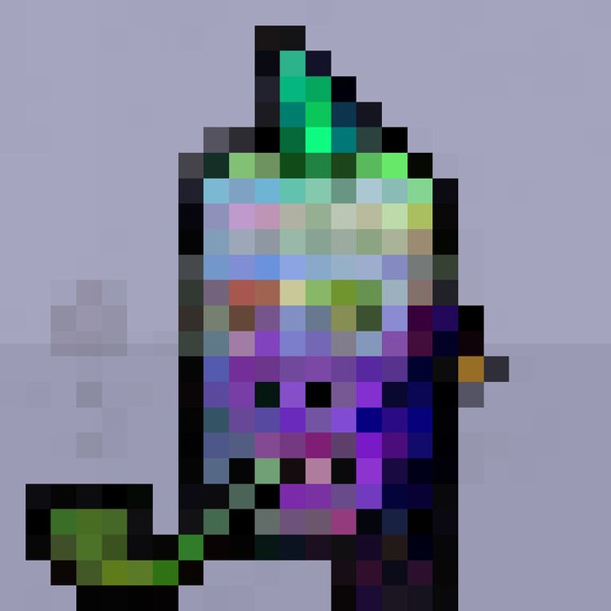 A heavily pixelated, low-resolution image depicting a figure with a green top, rainbow-colored torso, and purple/pink lower portion against a gray background.