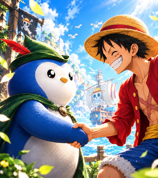 Anime-style illustration of Monkey D. Luffy from One Piece in his signature straw hat and red vest, smiling and shaking hands with a blue penguin-like creature wearing a green cloak, with pirate ships in the background.