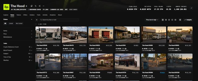 A screenshot of a website titled 'The Hood' displays a grid of storefront images with prices listed in ETH, including items like 'The Hood #050' and 'The Hood #042'.