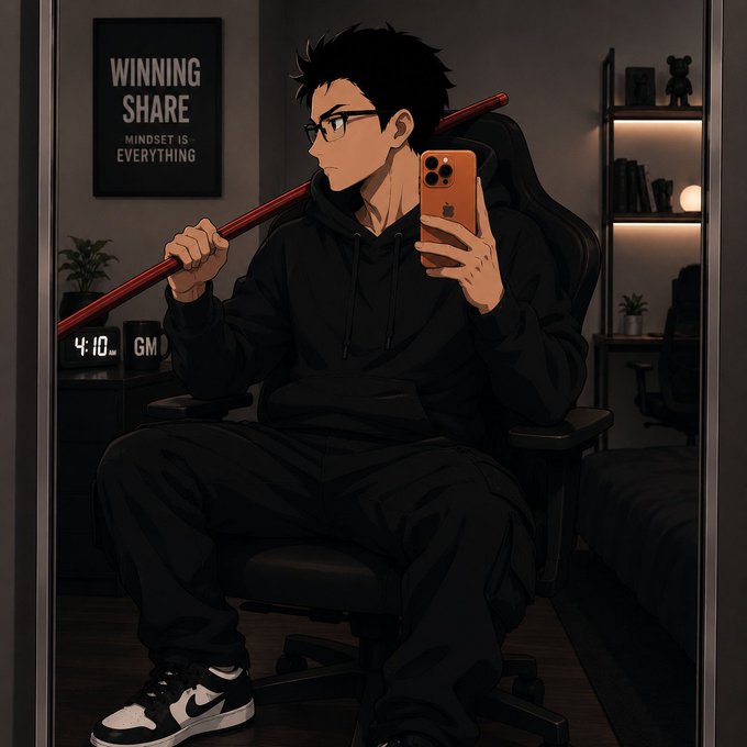 A young man in a black hoodie sits in a gaming chair taking a mirror selfie with a phone, resting a red bat across his shoulders, with a "WINNING SHARE MINDSET IS EVERYTHING" poster and a "4:10 AM" clock visible in the background—matching the post's "gm CT" morning greeting and "new week, new energy, let's print today" hustle mindset.