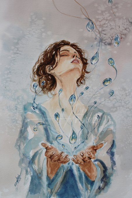 A watercolor illustration of a woman with short, wavy brown hair, eyes closed and head tilted back, surrounded by floating, magical water droplets and bubbles above her cupped hands.