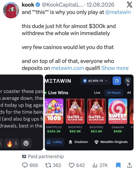 A tweet from account "kook @KookCapitalL... · 12.08.2026" promoting @metawin, showing a screenshot of a casino platform with "Live Wins" including "SUGAR RUSH 1000" with a $284.3K win.
