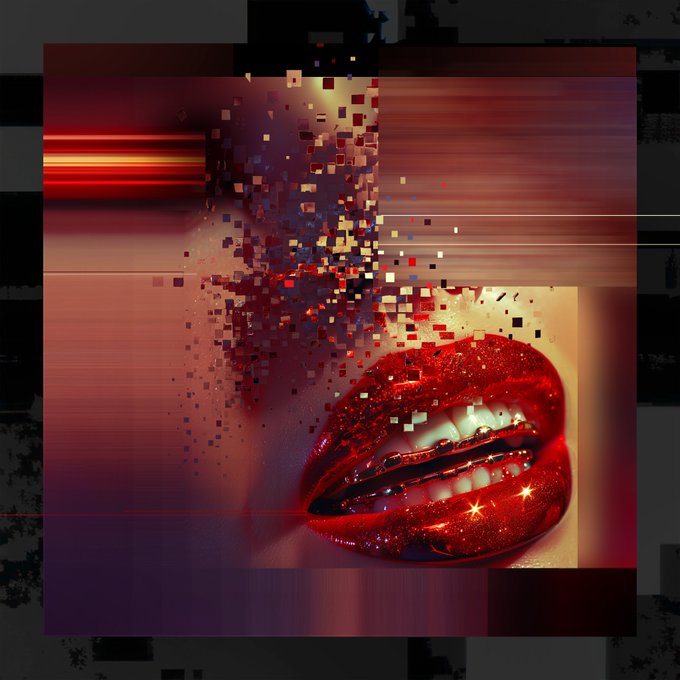 A digital art piece featuring red glittery lips with pixelated, dissolving squares scattering across a dark, red-toned background.