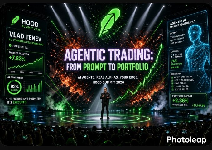 A stage presentation at 'HOOD SUMMIT 2026' featuring a speaker and large screens displaying 'AGENTIC TRADING: FROM PROMPT TO PORTFOLIO', market data, and statistics like '+7.83% MARKET REACTION' and '92% AI SENTIMENT BULLISH', watermarked with 'Photoleap'.