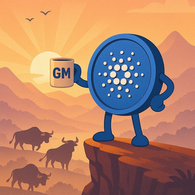 The image features a cartoon character, likely a bison or cow, standing on top of a cliff holding a coffee cup with "GMP" written on it. The scene takes place at sunrise over a mountain range, creating an impressionistic and artistic atmosphere. The caption above the image reads "good morning to everyone that'S still bullish on Cardano $ADA". This suggests that despite the early hour, there is still interest in the cryptocurrency market, particularly in Cardano.