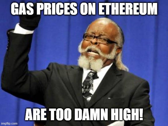 The image features a man wearing a suit, with his hand raised high above his head as if celebrating something or someone. The caption below the photo reads "Gas prices on Ethereum are too Damn high!", and it links back to the meme by providing the image source. This humorous statement suggests that the meme is related to the inflated cryptocurrency market and aims to make people laugh by pointing out the absurdity of the situation.