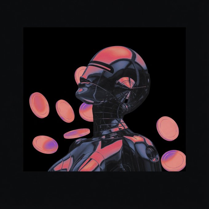 Digital art of a glossy humanoid figure in red and black with a robotic helmet, surrounded by floating pinkish-red coins against a black background.