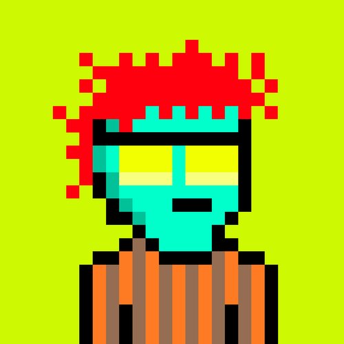 A pixel art portrait of a character with cyan skin, red spiky hair, yellow sunglasses, and an orange and brown striped shirt against a green background.