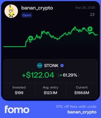 A screenshot from the Fomo app displays a portfolio for "banan_crypto" featuring the $STONK token, which has risen +$122.04 (+61.29%), with stats showing an average entry of $123.1M against a current price of $198.6M—satirically supporting the poster's claim that despite PumpFun's FUD campaign, $STONK is surging upward.