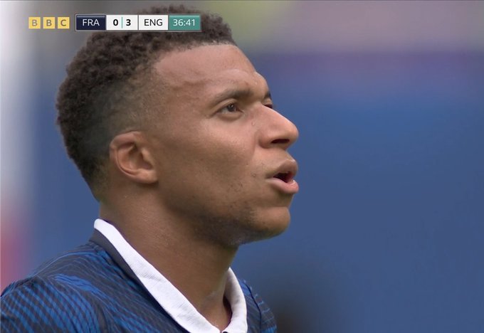 A BBC broadcast screenshot showing a close-up profile of a French rugby player during a match against England, with the scoreboard displaying 'FRA 0 - 3 ENG' at 36:41.