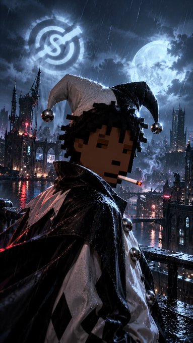 A pixelated, 8-bit style character wearing a jester hat and smoking a cigarette, set against a dark, gothic cityscape at night with a moon, rain, and a Symbol logo above.