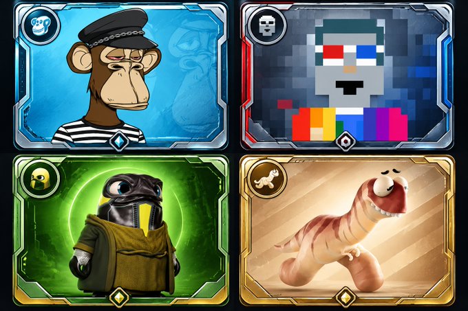 Four character cards from a video game are shown, featuring a monkey in a striped shirt and beret, a pixelated robot, a hooded frog-like figure, and a striped dinosaur toy.