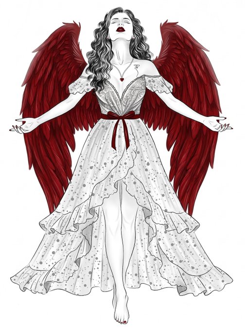 An illustration of a woman with dark wings colored in deep red, wearing a flowing white dress with a red sash, arms outstretched and head tilted upward.