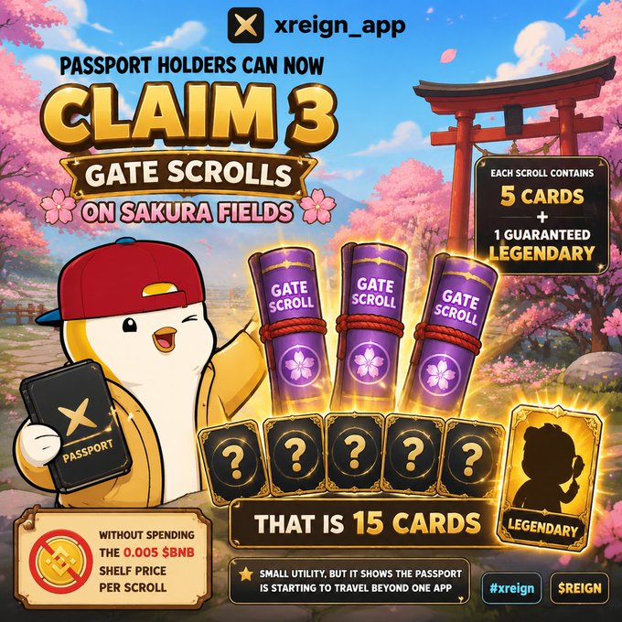 A promotional graphic for xreign_app advertises that passport holders can claim 3 Gate Scrolls on Sakura Fields, containing 5 cards plus 1 guaranteed legendary card (15 cards total) at a shell price of 0.005 $BNB per scroll.