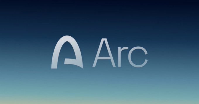 A simple logo display for 'Arc' featuring a stylized white arch symbol next to the wordmark, set against a blue gradient background.