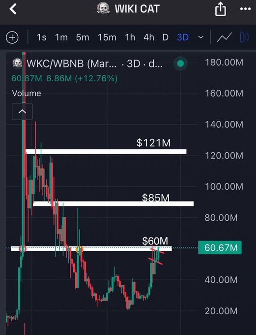 A 3-day candlestick chart of WKC/WBNB showing Wiki Cat's market cap at 60.67M with a +12.76% gain, displaying horizontal resistance levels at $60M, $85M, and $121M that the post suggests the token will break through on its upward trajectory.
