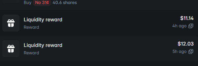 The image shows a screenshot from a social media platform displaying two rows of text, one containing information about receiving shares for a cryptocurrency called @Polymarket LP, while the other row contains information about the missing rewards that users have received. The text indicates that users who have not yet received their rewards should check their account balances and wait until they receive their reward before proceeding with any further actions on the platform.